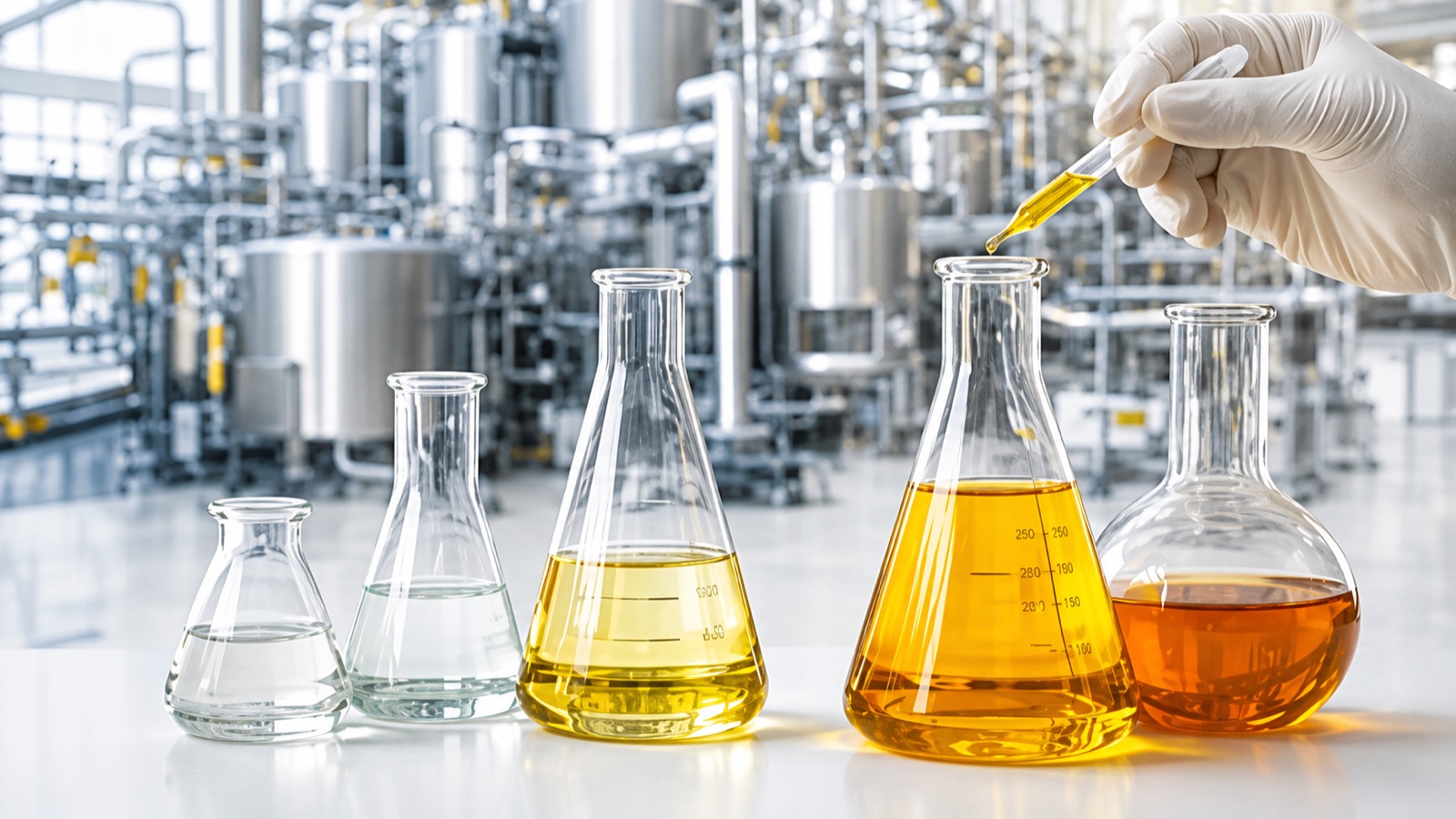 Laboratory flasks with graded oil samples in front of a chemical manufacturing plant
