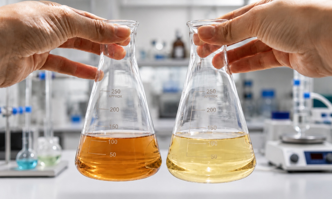 Two laboratory flasks holding amber and pale-yellow oleochemical fatty acid samples in a lab